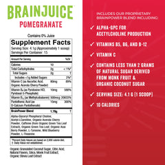 BrainJuice ingredients like alpha-GPC and L-theanine highlighted for focus.