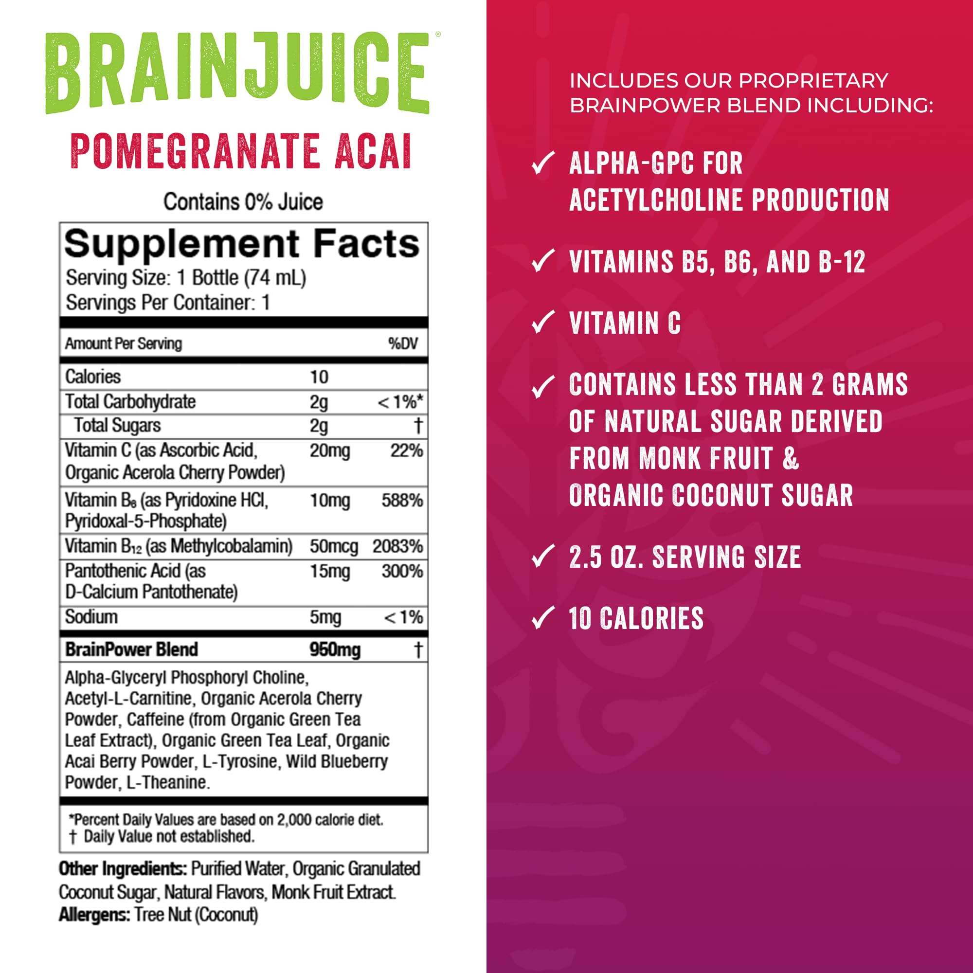 BrainJuice Ingredients panel listing vitamins and minerals.