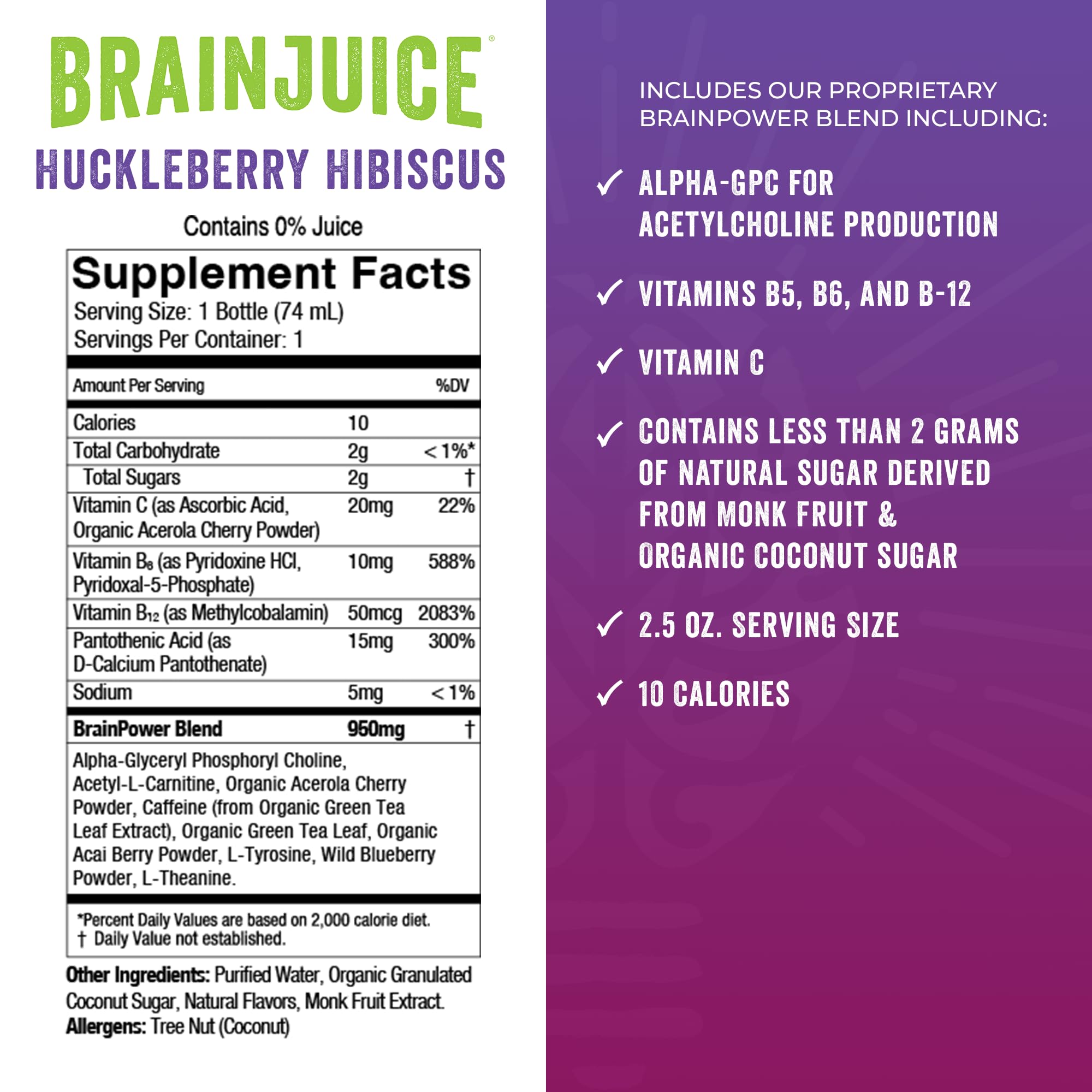 BrainJuice label closeup with ingredients, appealing to health-conscious shoppers