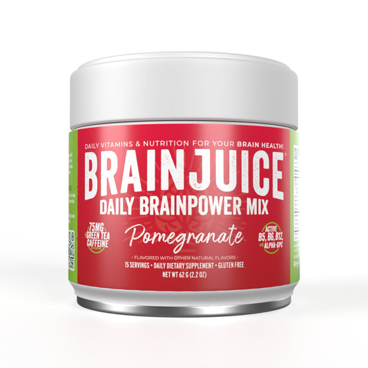 BrainJuice bottle showing nootropics for daily focus and energy.