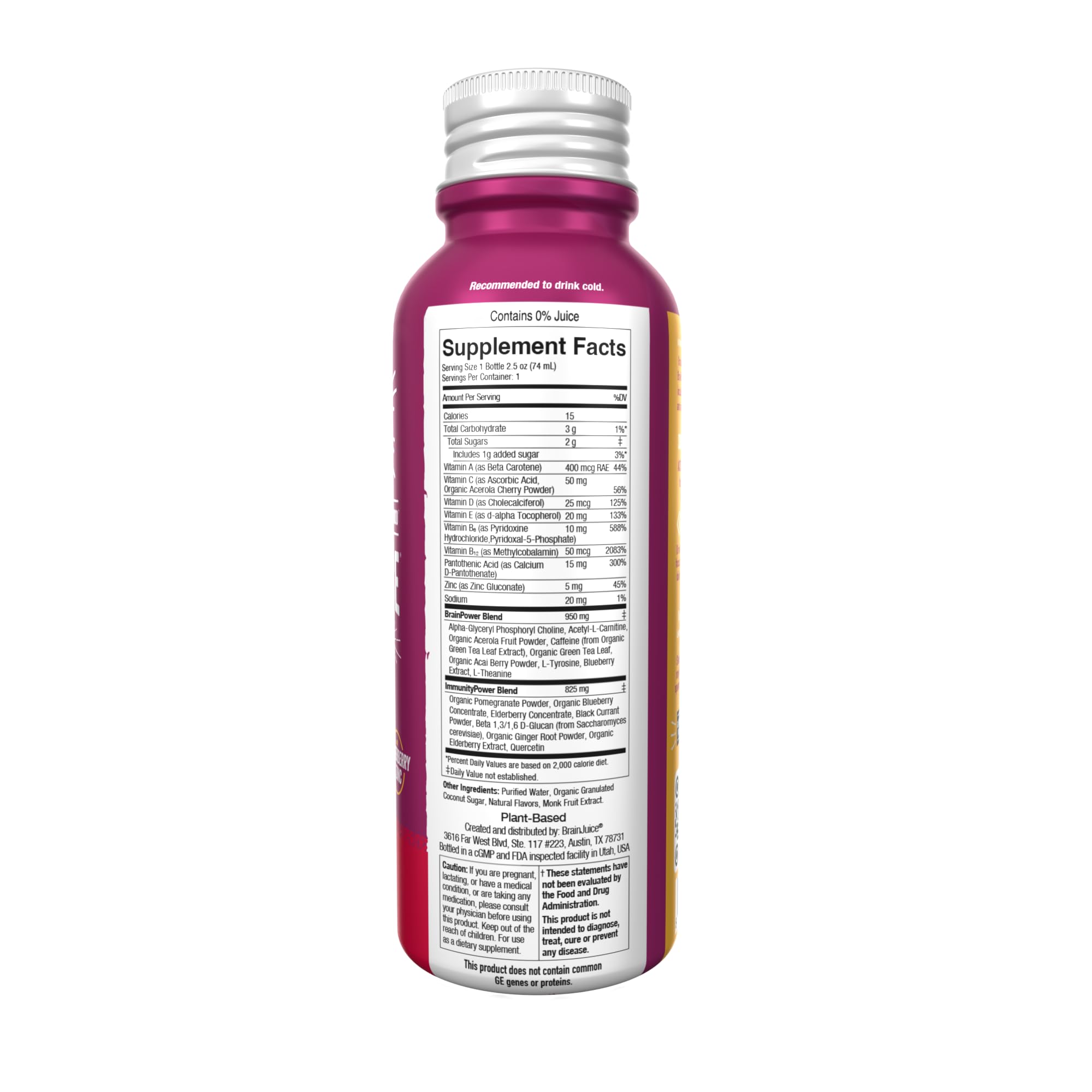 BrainJuice Organic ginger root and hibiscus hint at natural flavor.