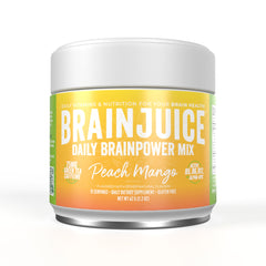 BrainJuice peach mango powder canister ready for daily focus boost