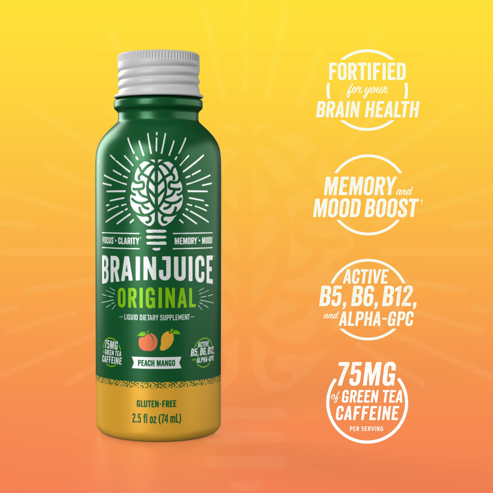BrainJuice peach mango shot visual highlighting natural flavor and sustained energy.