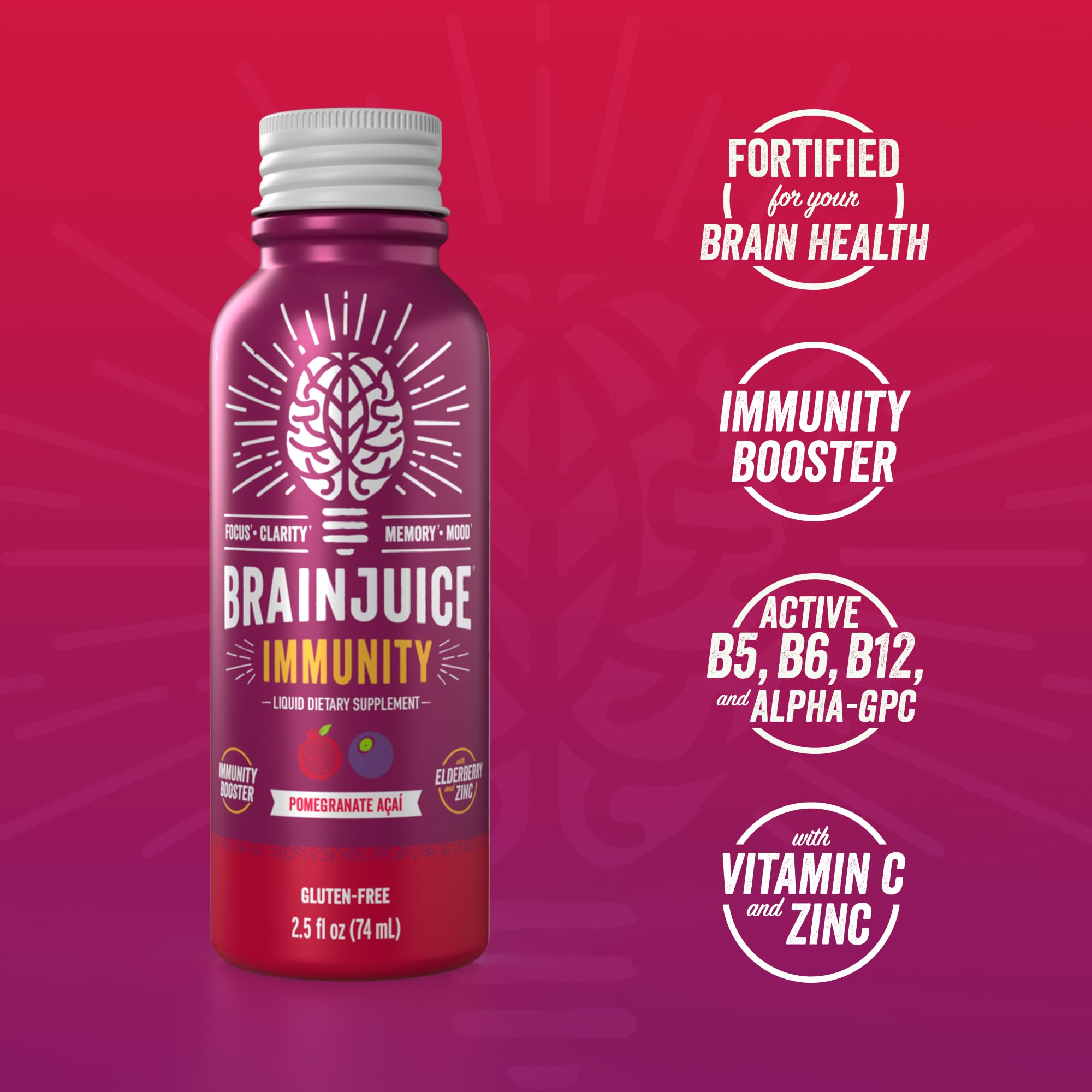 BrainJuice Pomegranate Acai flavor label highlighting natural sweetness.