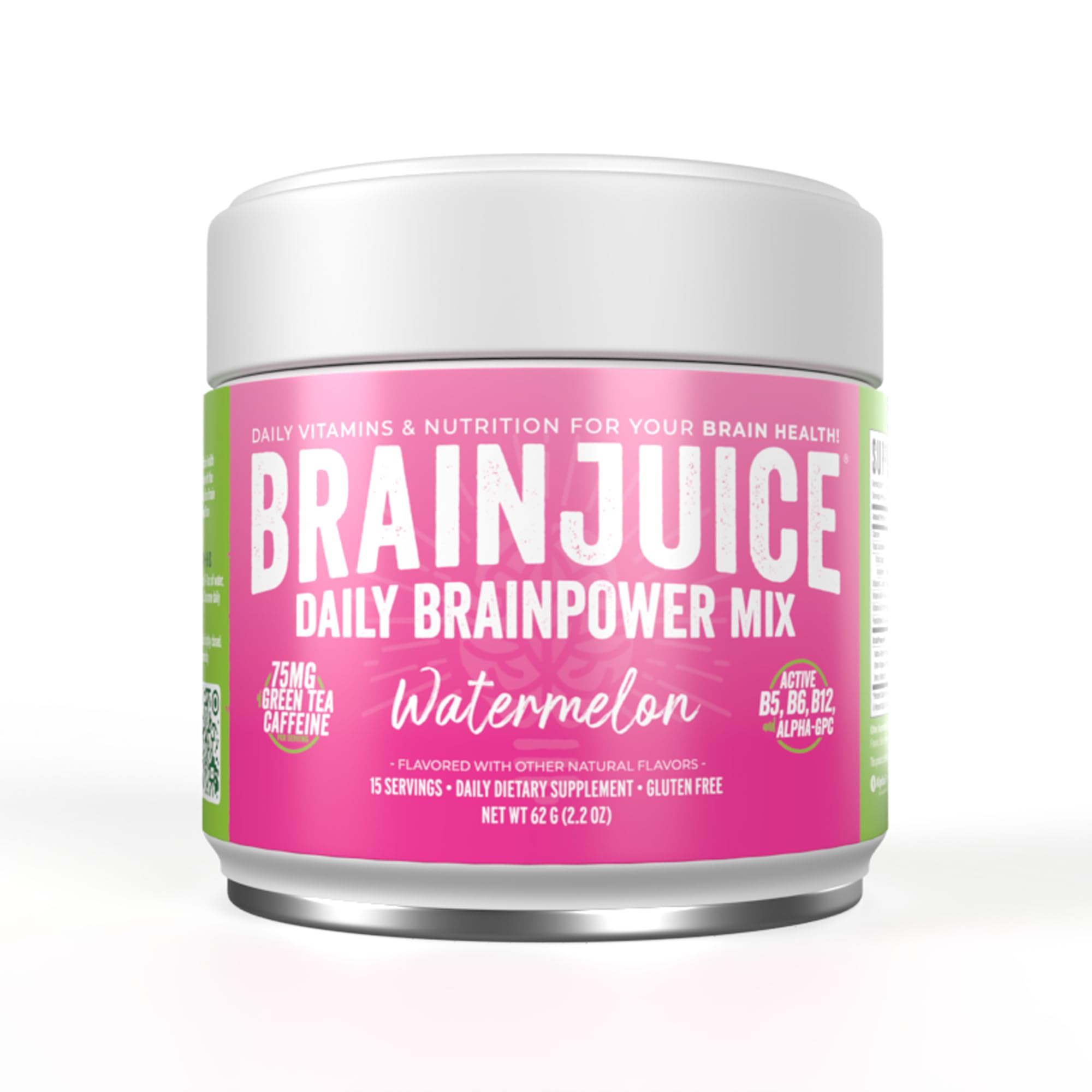 BrainJuice Watermelon powder tub ready to mix for a quick brain boost