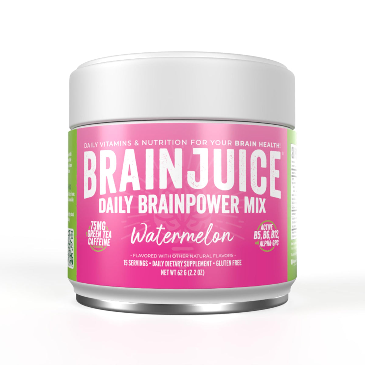 BrainJuice Watermelon powder tub ready to mix for a quick brain boost