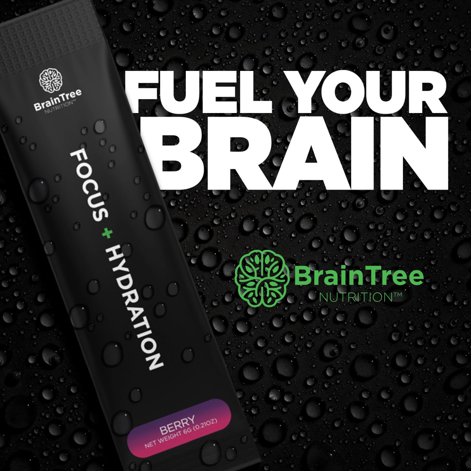 BrainTree Nutrition Focus Hydration glass with pink beverage suggests improved daily energy