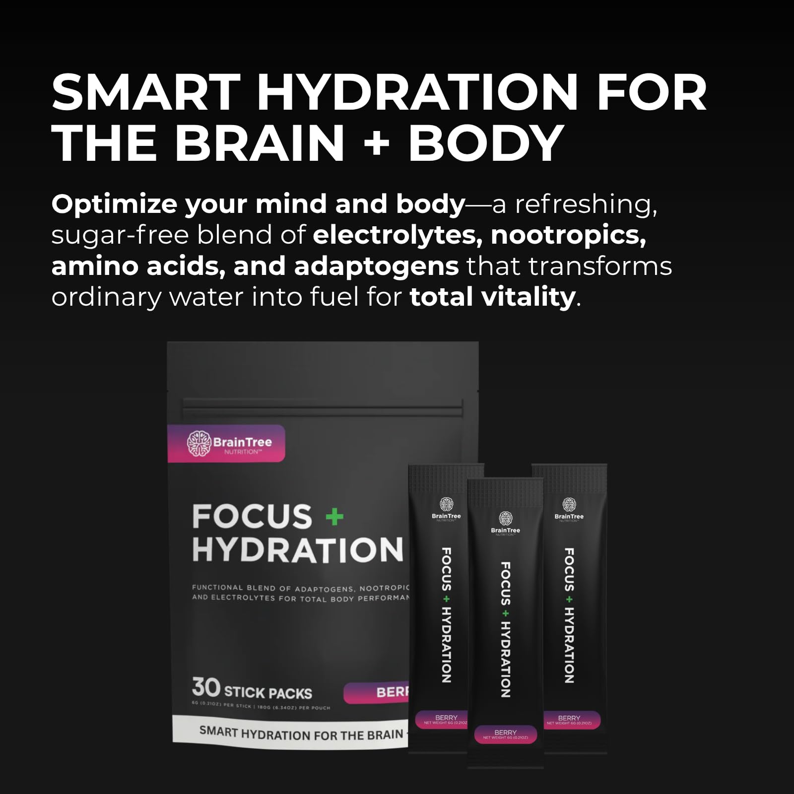 BrainTree Nutrition Focus Hydration Berry stick dissolving in water for quick refreshment