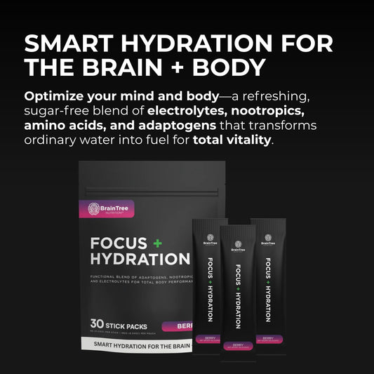 BrainTree Nutrition Focus Hydration Berry stick dissolving in water for quick refreshment