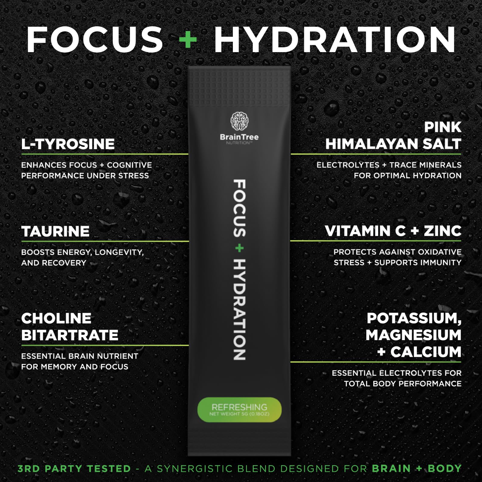 Close-up of BrainTree Focus + Hydration citrus flavor highlight for a refreshing taste.
