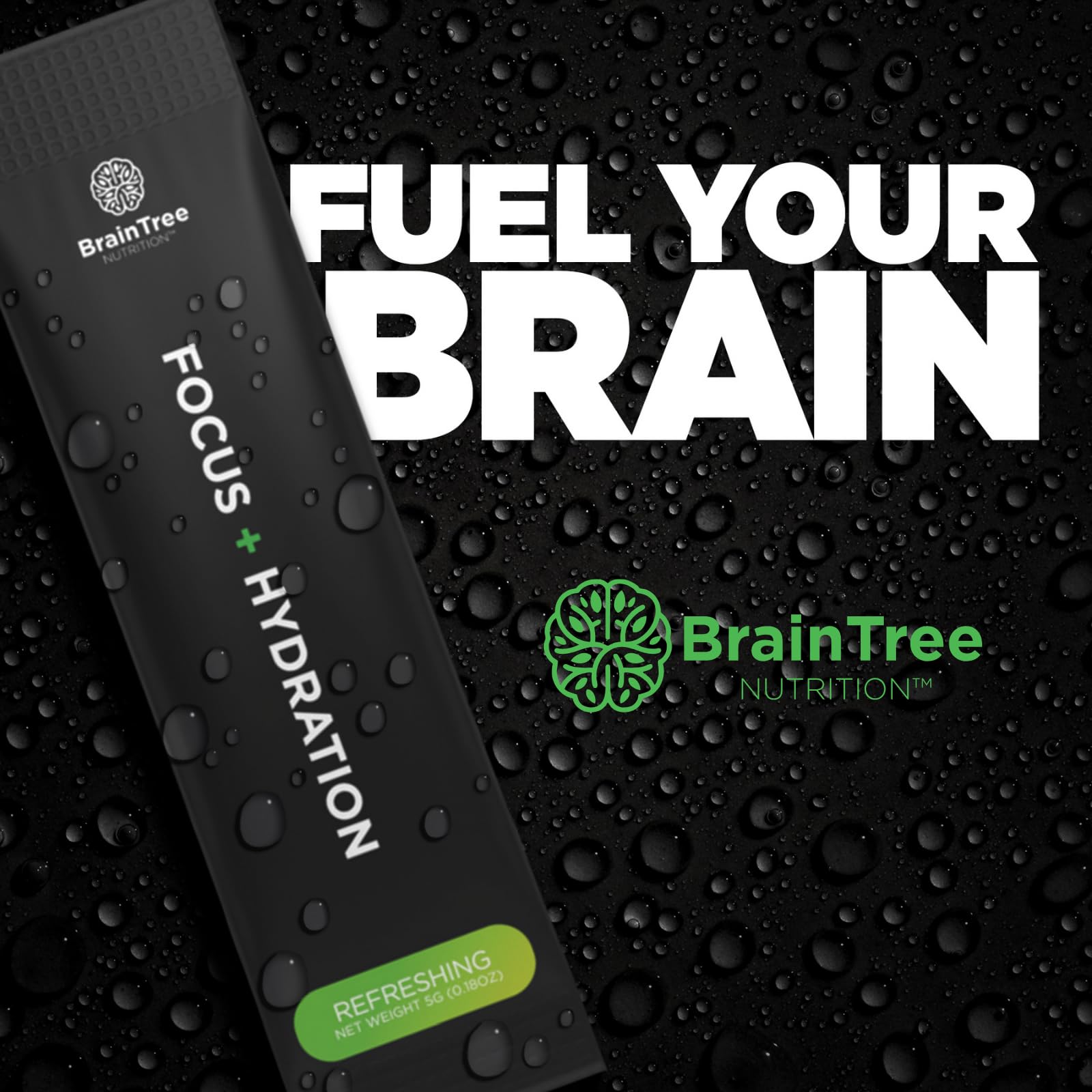BrainTree Focus + Hydration glass with lemon slice suggesting refreshing daily use.
