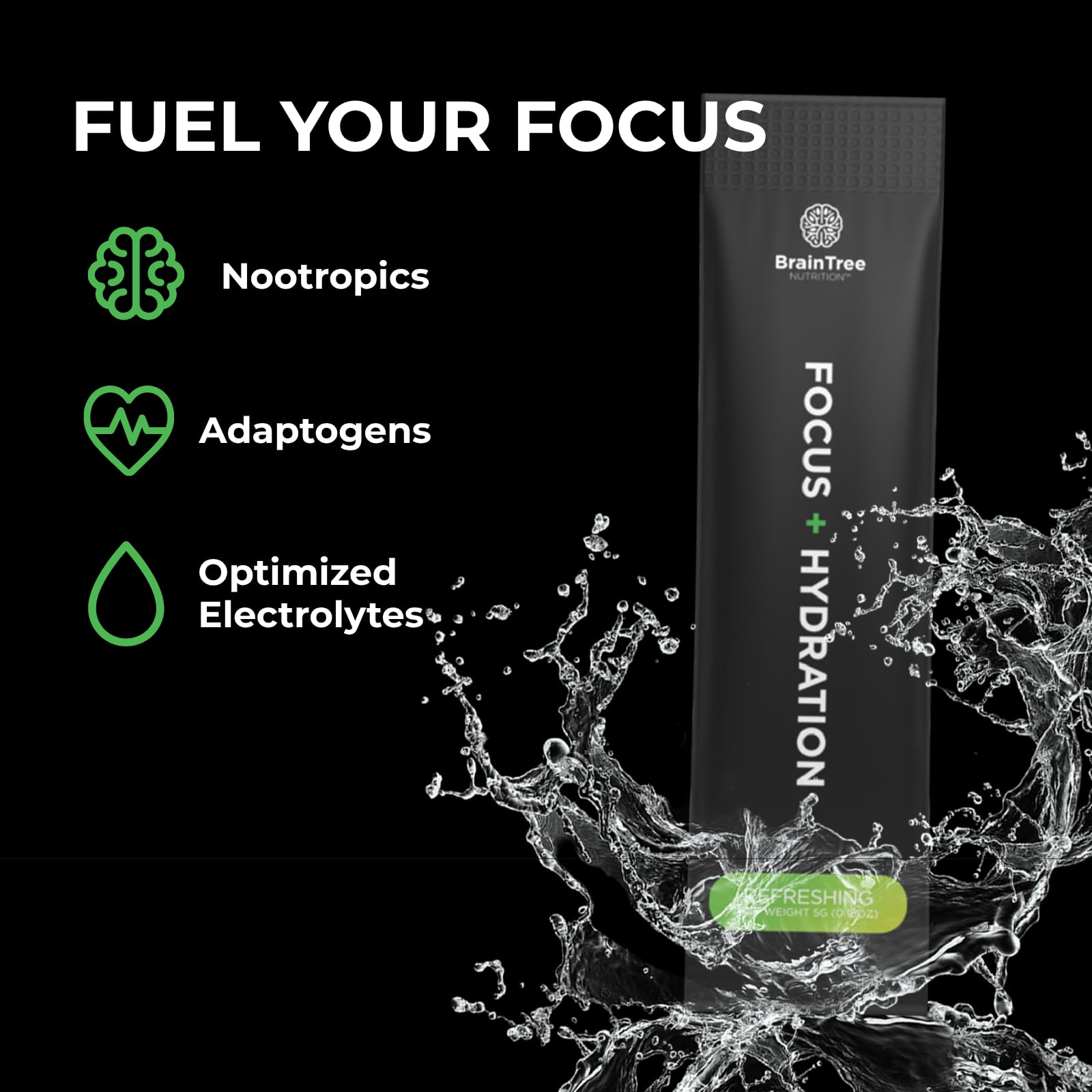 BrainTree Focus + Hydration label shows electrolytes and zero sugar for balanced hydration.