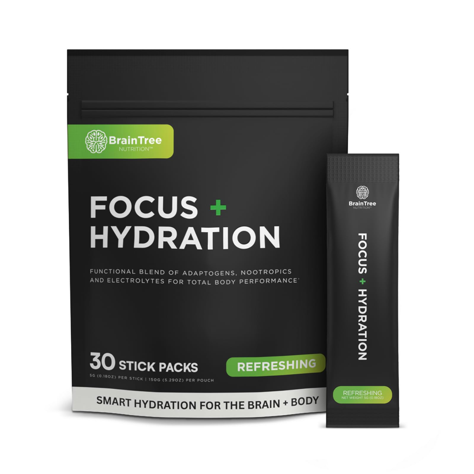 BrainTree Nutrition Focus + Hydration stick-pack dissolving in water for quick hydration.