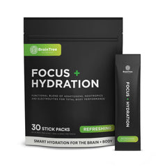 BrainTree Nutrition Focus + Hydration stick-pack dissolving in water for quick hydration.