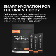 BrainTree Nutrition Focus Hydration citrus drink in glass delivering hydration and focus.