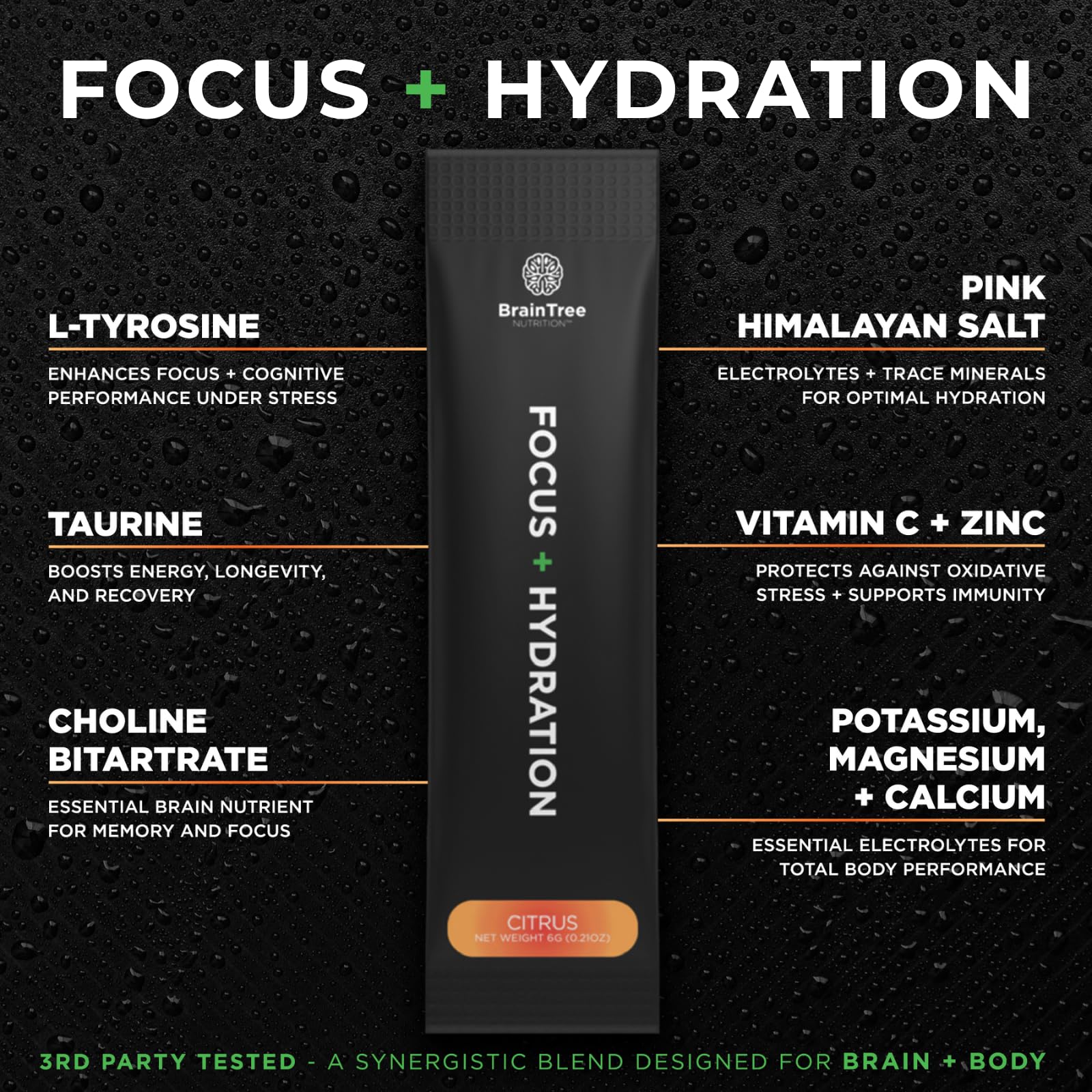 BrainTree Nutrition Focus Hydration at desk, supporting concentration and steady energy.