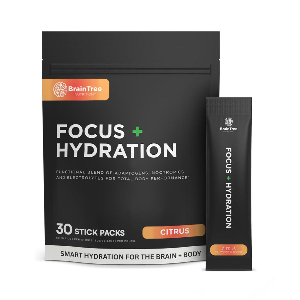 BrainTree Nutrition Focus Hydration stick dissolving in water for citrus hydration and focus.