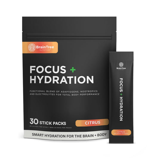 BrainTree Nutrition Focus Hydration stick dissolving in water for citrus hydration and focus.