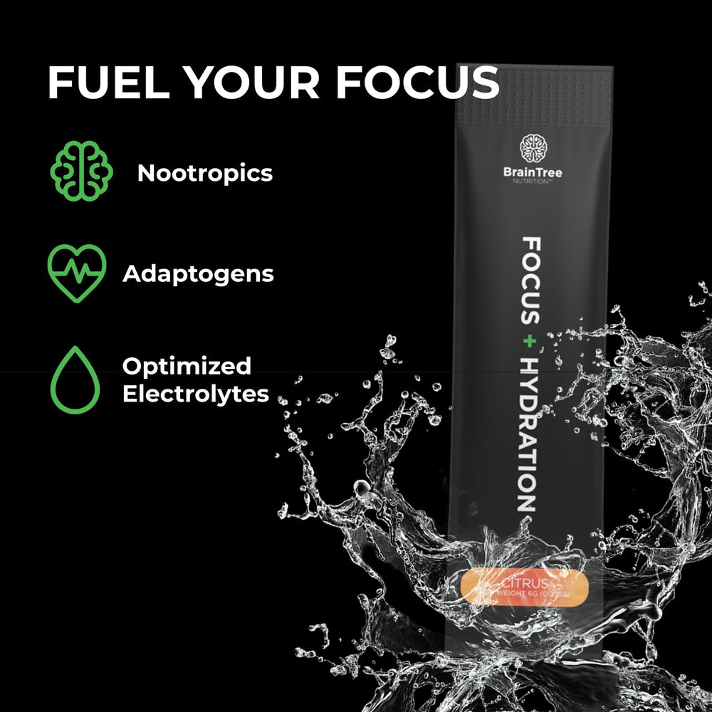 BrainTree Nutrition travel-pack Focus Hydration sticks for on-the-go hydration.
