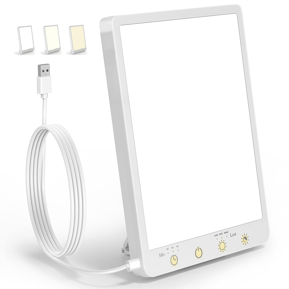 Brand Set 10,000 Lux lamp on a home office desk boosts daytime alertness
