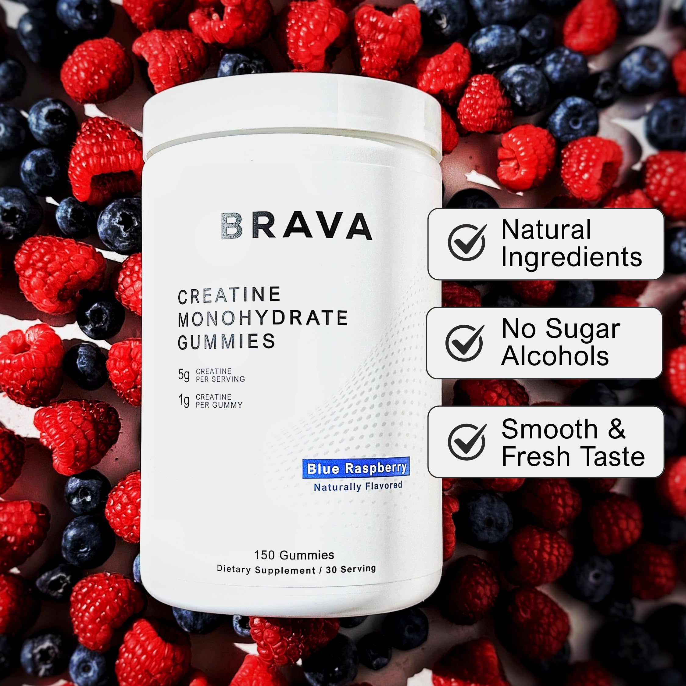 BRAVA NUTRITION Brava Creatine Gummies blue raspberry flavor with vibrant color.