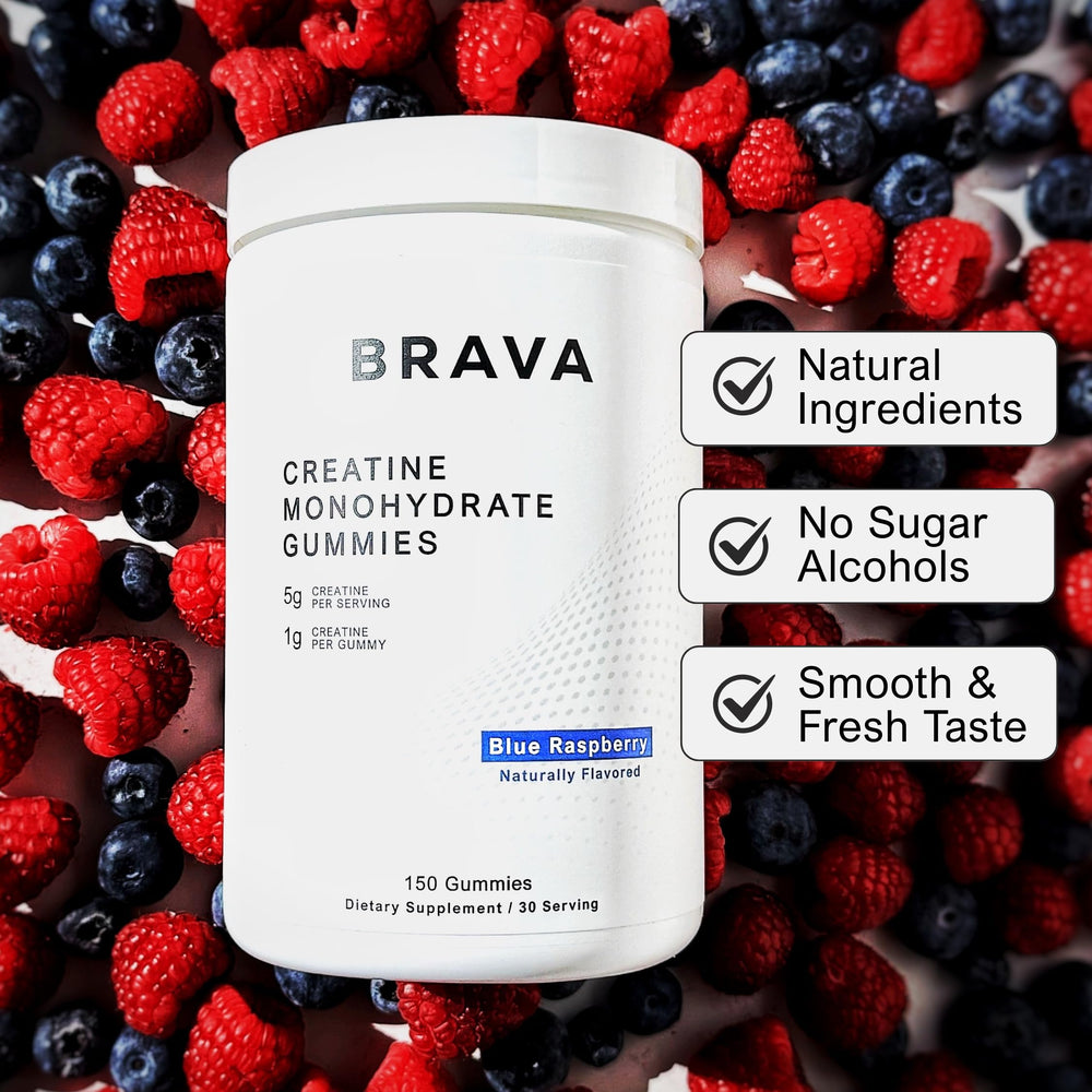 BRAVA NUTRITION Brava Creatine Gummies blue raspberry flavor with vibrant color.