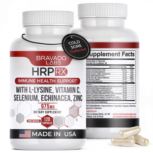 Bravado Labs L-Lysine capsules bottle for daily immune support.