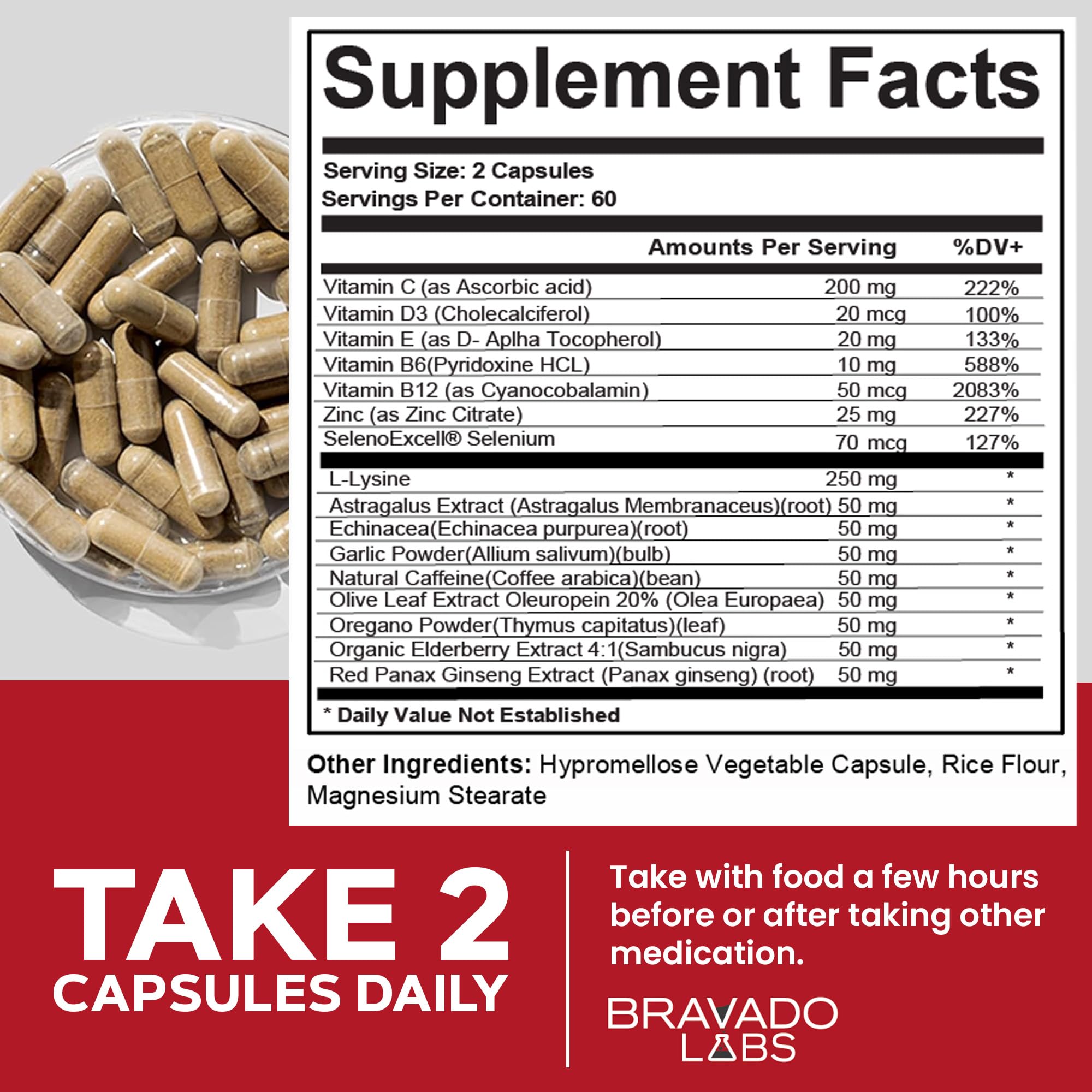 Bravado Labs L-Lysine capsules closeup for everyday use.