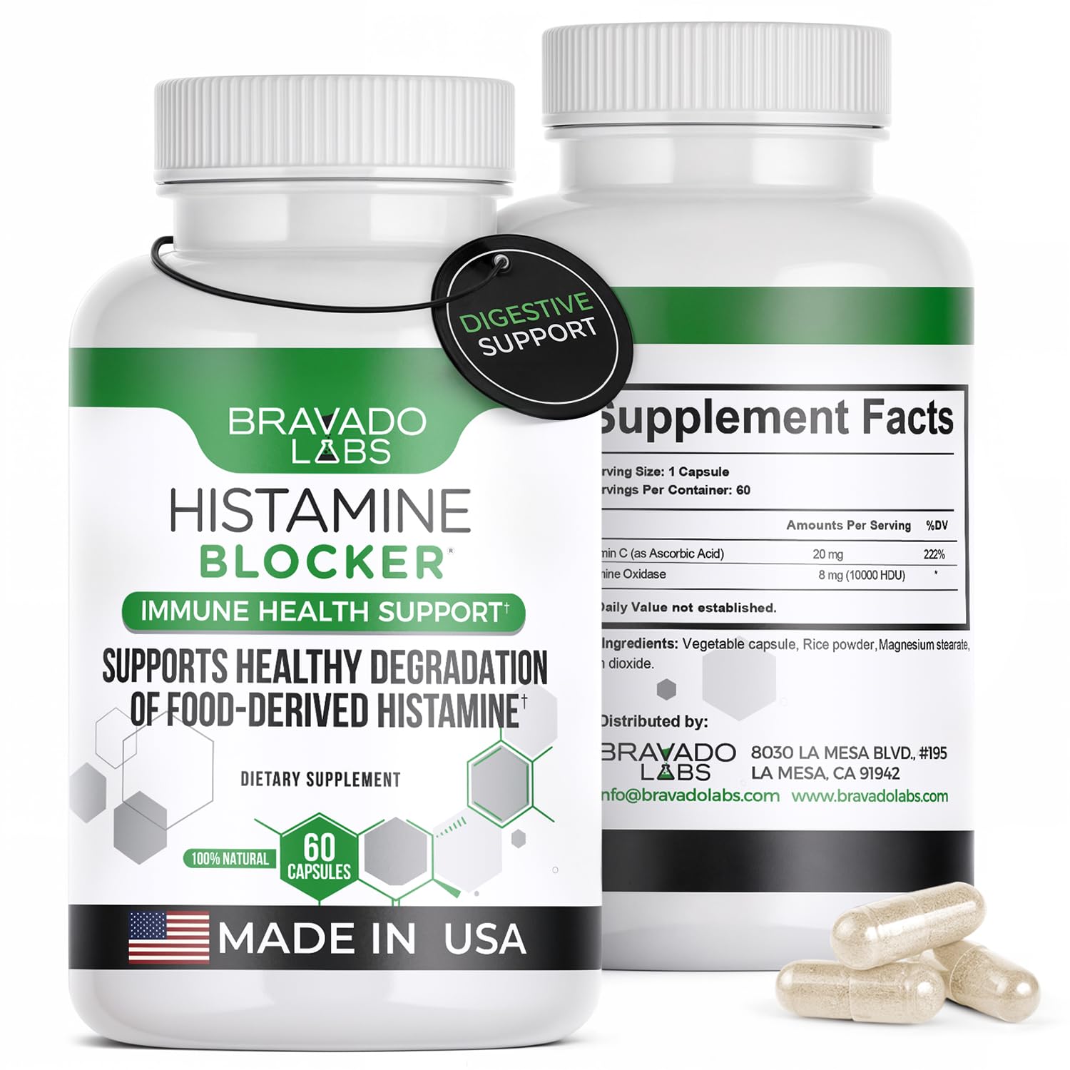 Bravado Labs DAO enzyme capsules close-up for histamine metabolism support.