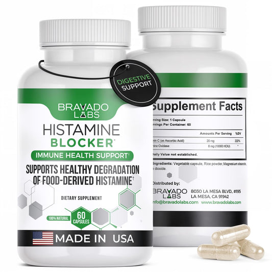 Bravado Labs DAO enzyme capsules close-up for histamine metabolism support.