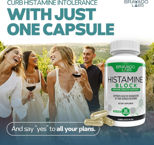 Bravado Labs histamine blocker bottle on counter suggesting daily use.