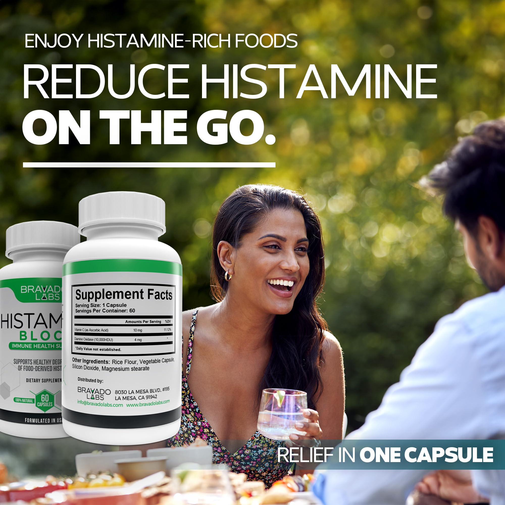 Bravado Labs vitamin C tablet shown as co-factor for histamine metabolism support.