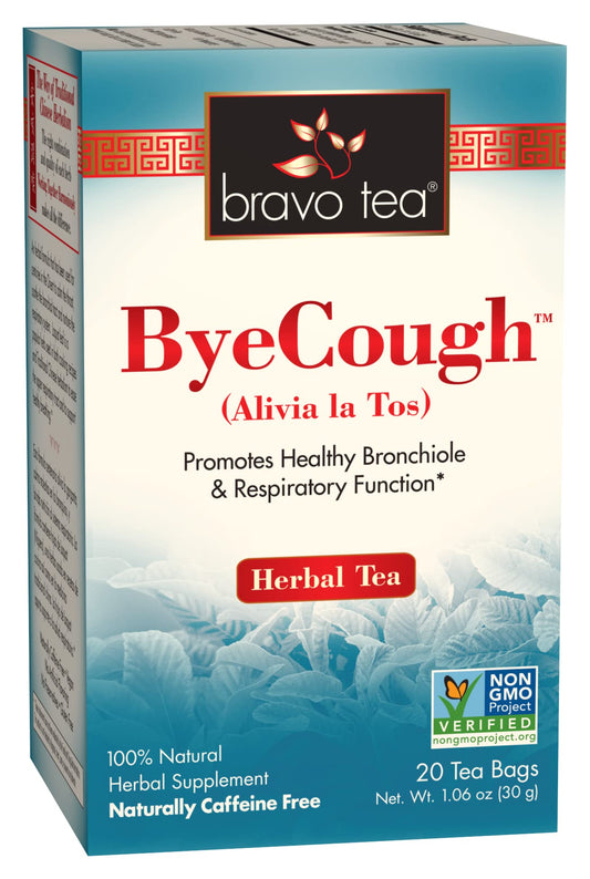 Bravo Tea Bye Cough tea bag image showing caffeine-free herbal blend for a soothing ritual