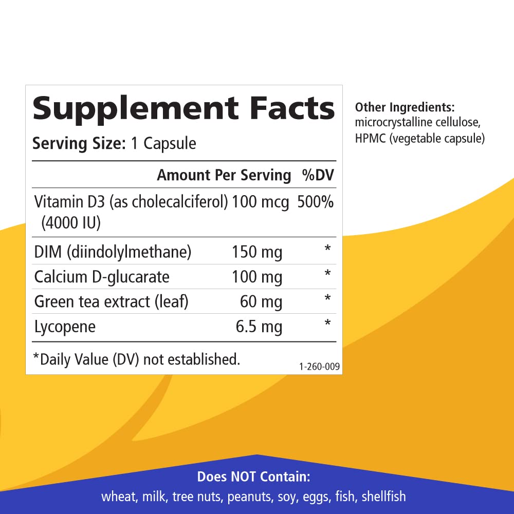 Breast D ingredients highlight green tea and lycopene for balanced wellness.