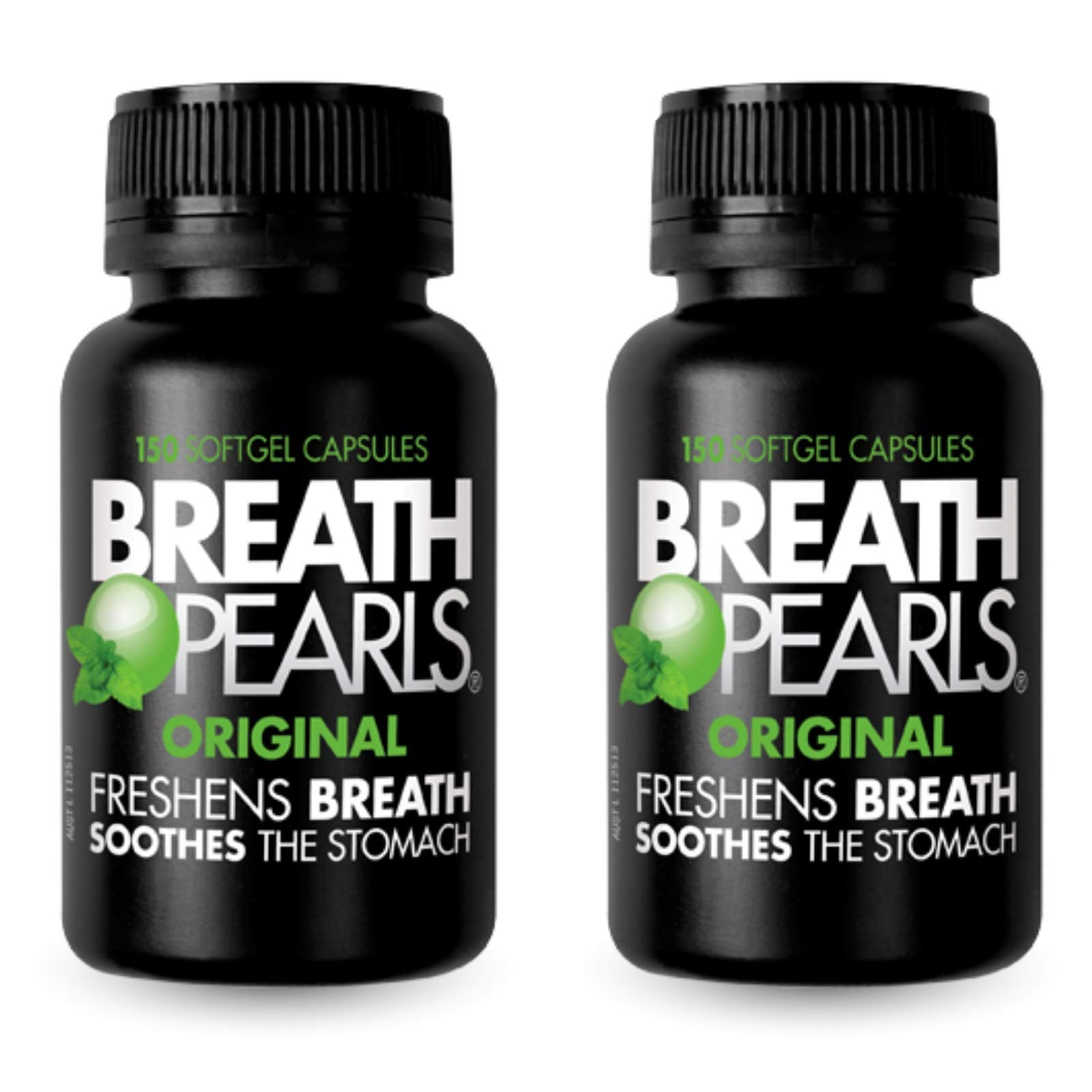 Breath Pearls Original bottle with peppermint and parsley formula for long-lasting fresh breath.
