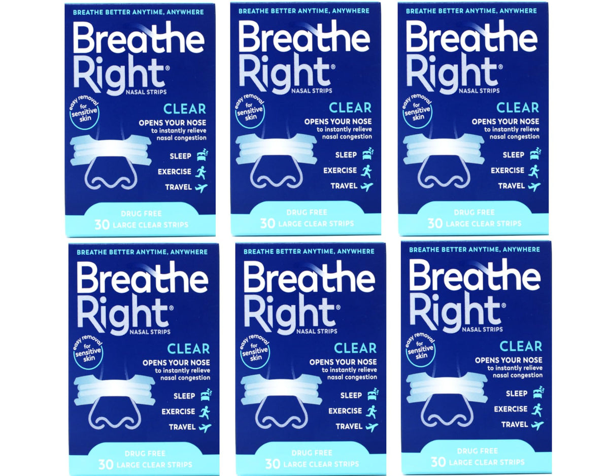 Breathe Right nasal strip clear large pack6, front view for easier breathing.