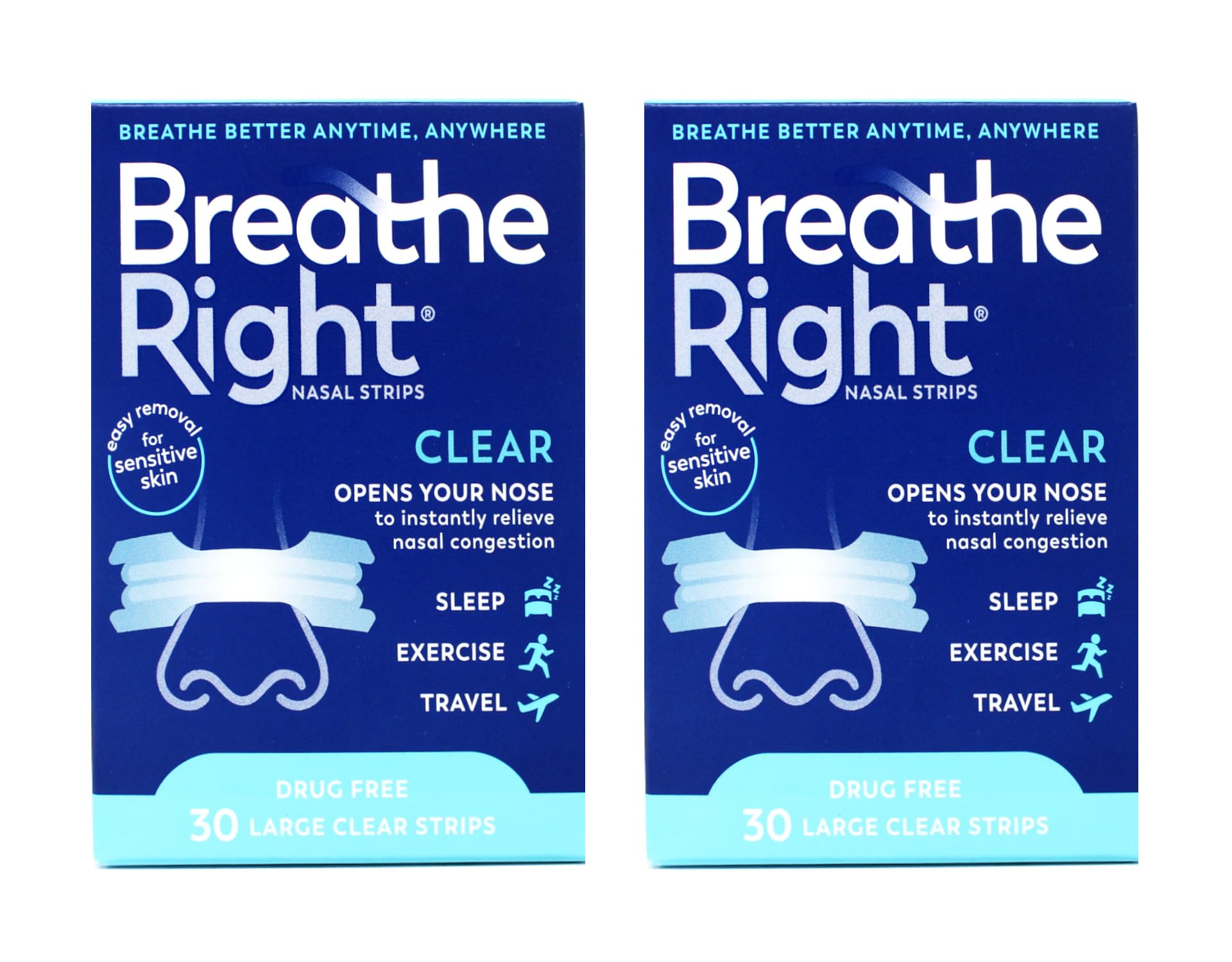Breathe Right Clear Large nasal strips on nose for quick congestion relief.
