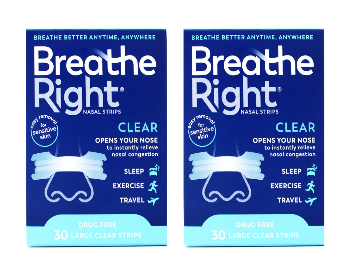 Breathe Right Clear Large nasal strips on nose for quick congestion relief.
