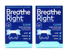 Breathe Right Clear Large nasal strips on nose for quick congestion relief.