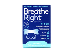 Breathe Right Clear Large nasal strip applied on nose for focused breathing.