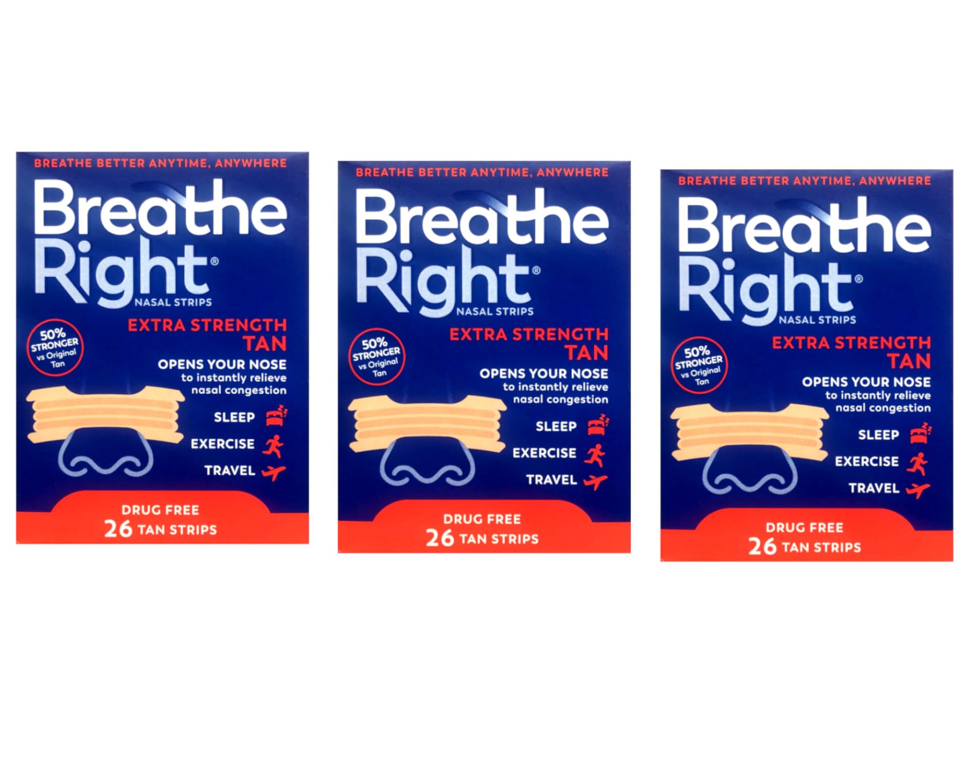 Breathe Right Nasal Strips Extra Tan pack collection showing three strips.