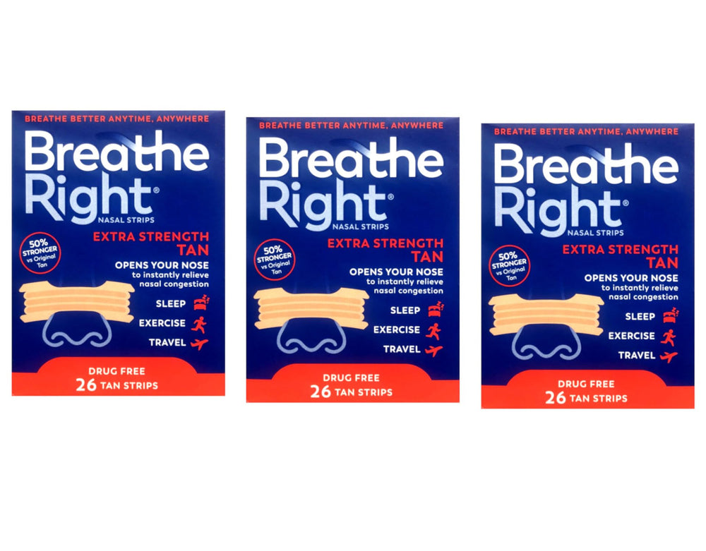 Breathe Right Nasal Strips Extra Tan pack collection showing three strips.