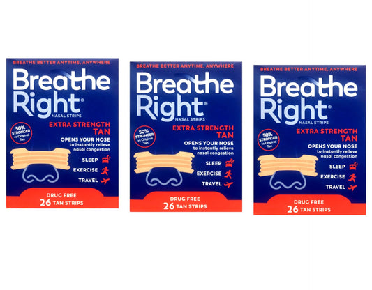 Breathe Right Nasal Strips Extra Tan pack collection showing three strips.