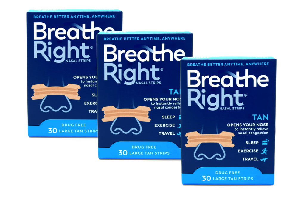 Breathe Right Original nasal strip closeup showing instant nasal relief with drug-free design.