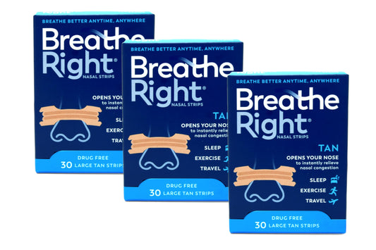 Breathe Right Original nasal strip closeup showing instant nasal relief with drug-free design.
