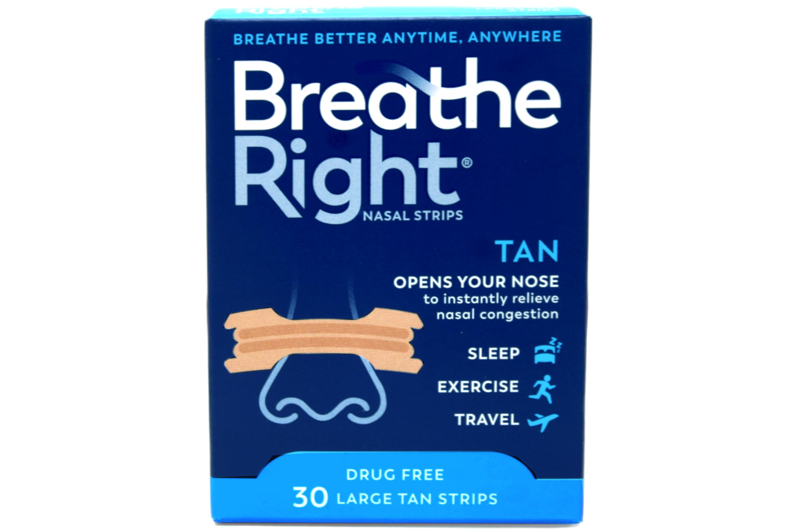 Breathe Right Original nasal strip on the nose demonstrating secure fit for daily activity.
