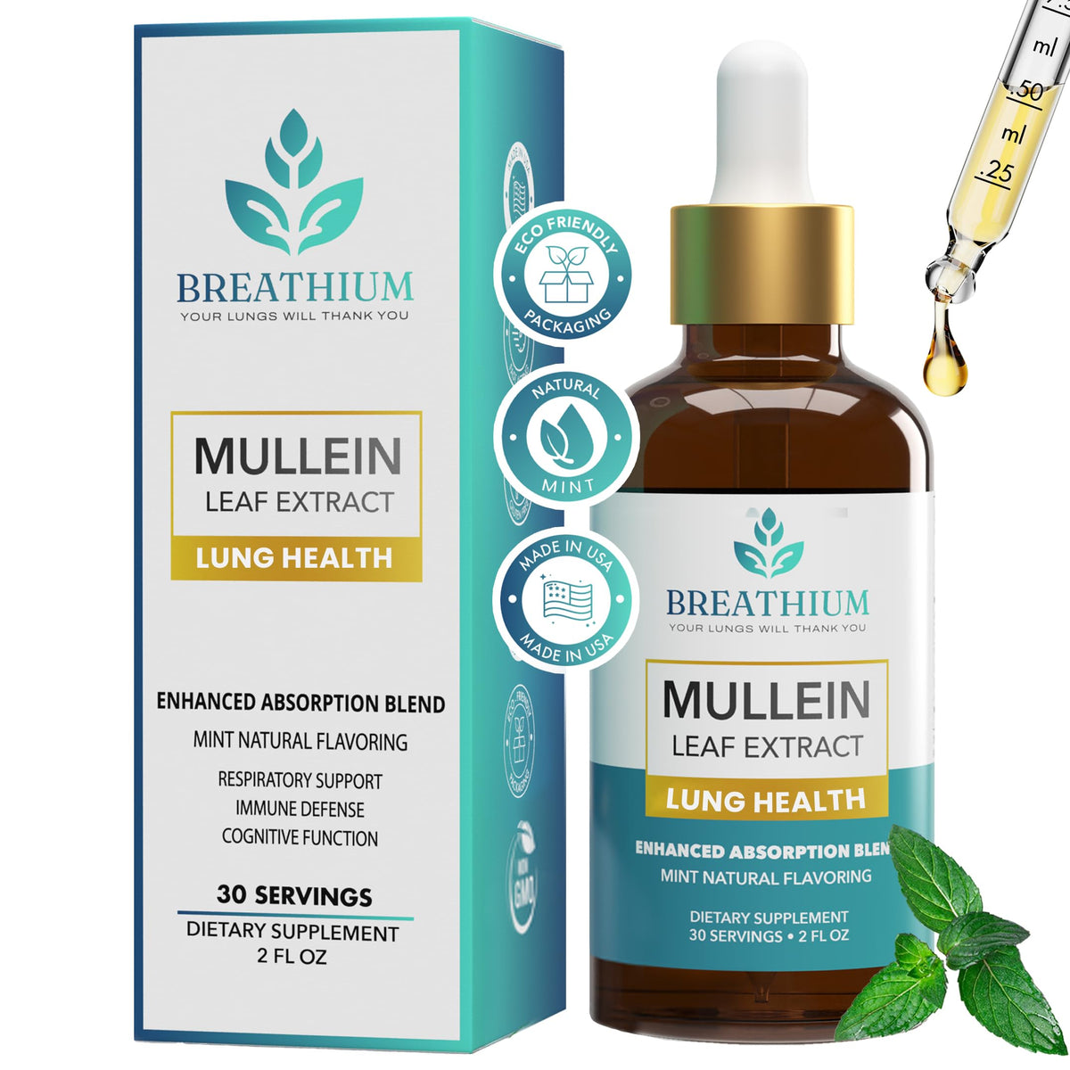 Breathium 4-in-1 Mullein Drops bottle showing mint-infused formula for respiratory support