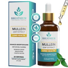 Breathium 4-in-1 Mullein Drops bottle showing mint-infused formula for respiratory support