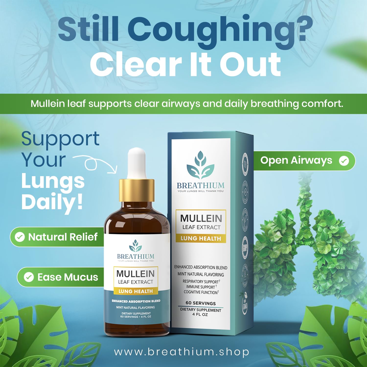 Breathium Mullein Drops poured into water for easy daily use