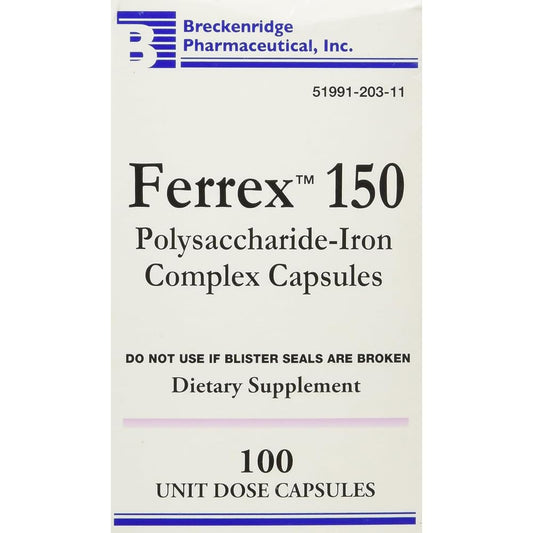 Breckenridge Ferrex bottle pack with two 100-capsule bottles for iron support.